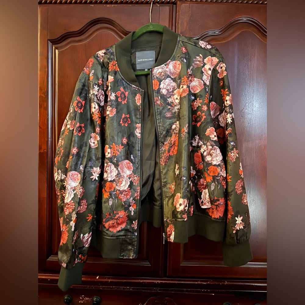 Olive Green and Pink Roses Bomber Jacket